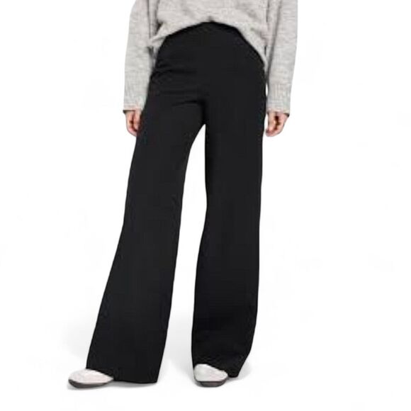 High Waisted Black Pull On Wide Leg Cotton Elastic Waist Pants Pockets Women's L - Picture 2 of 12